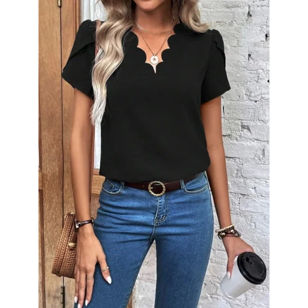 Kadın Kısa Kollu Lazer V Yakalı Ithal Krep Bluz