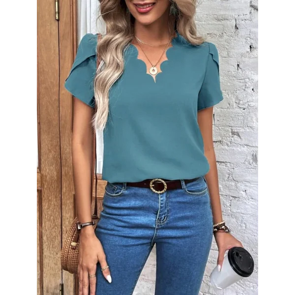 Kadın Kısa Kollu Lazer V Yakalı Ithal Krep Bluz