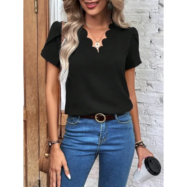 Kadın Kısa Kollu Lazer V Yakalı Ithal Krep Bluz