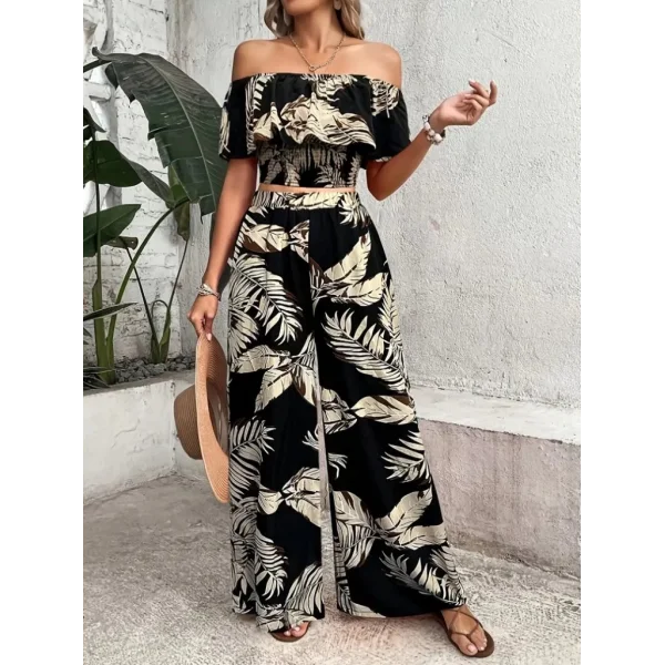 Kadın Kısa Kollu Madonna Fırfır Yaka Crop Süprem Bluz Ve Pantolon Ikili Takım