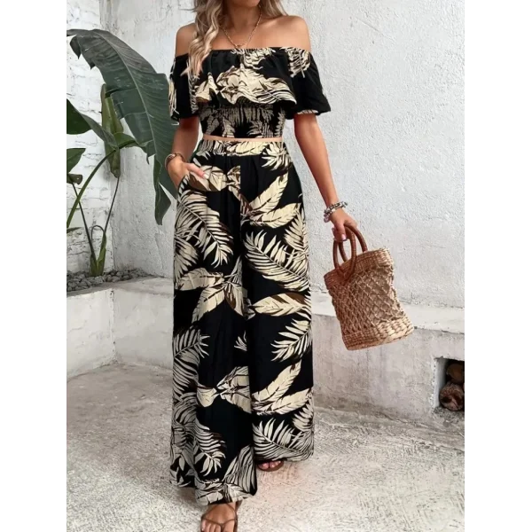 Kadın Kısa Kollu Madonna Fırfır Yaka Crop Süprem Bluz Ve Pantolon Ikili Takım