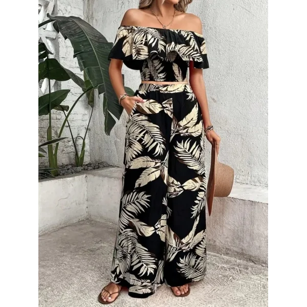 Kadın Kısa Kollu Madonna Fırfır Yaka Crop Süprem Bluz Ve Pantolon Ikili Takım