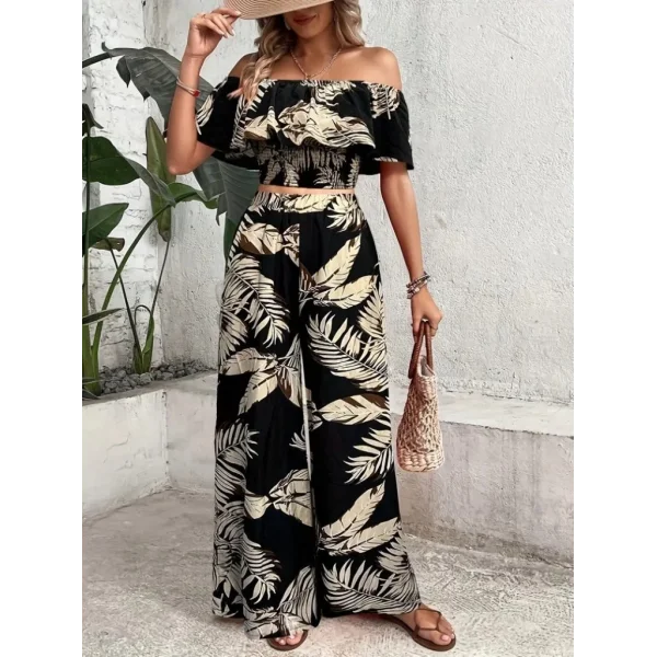 Kadın Kısa Kollu Madonna Fırfır Yaka Crop Süprem Bluz Ve Pantolon Ikili Takım