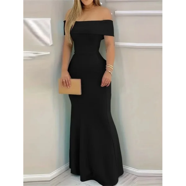 Kadın Kısa Kollu Madonna Yaka Belden Oturtmalı Uzun Ithal Krep Elbise