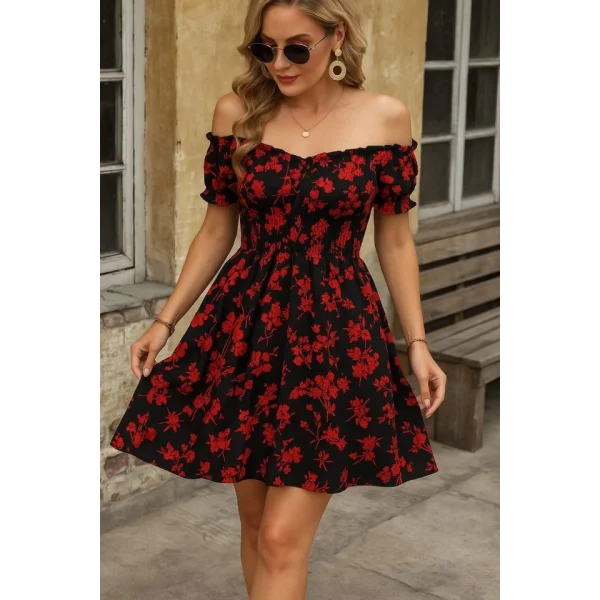 Kadın Kısa Kollu Madonna Yaka Beli Lastikli çiçek Desenli Kısa Süprem Elbise