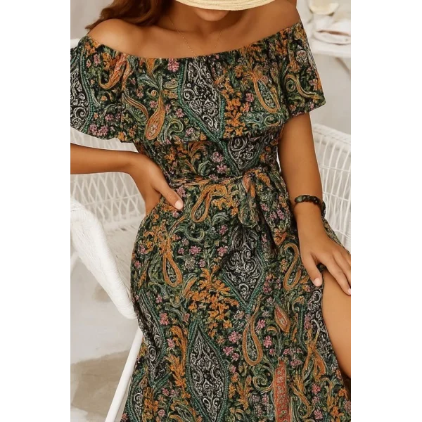 Kadın Kısa Kollu Madonna Yaka Fırfırlı Belden Yırtmaçlı Maksi Süprem Elbise