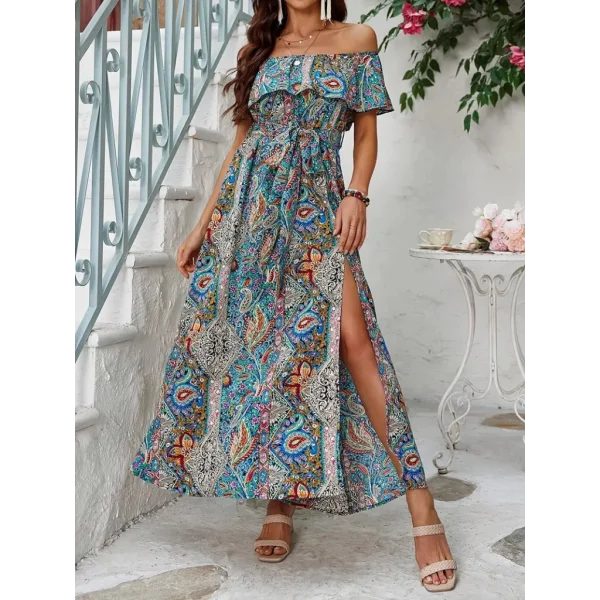 Kadın Kısa Kollu Madonna Yaka Fırfırlı Belden Yırtmaçlı Maksi Süprem Elbise