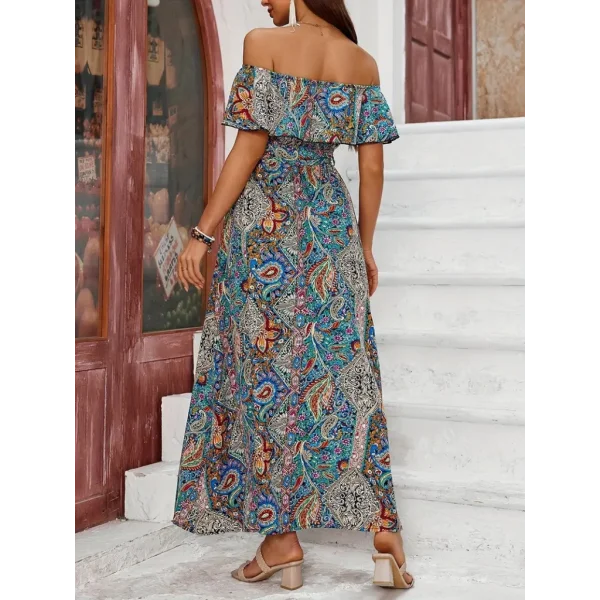 Kadın Kısa Kollu Madonna Yaka Fırfırlı Belden Yırtmaçlı Maksi Süprem Elbise