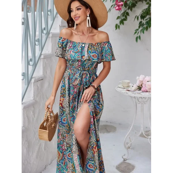 Kadın Kısa Kollu Madonna Yaka Fırfırlı Belden Yırtmaçlı Maksi Süprem Elbise