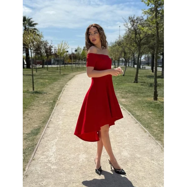 Kadın Kısa Kollu Madonna Yaka önü Kısa Arkası Uzun Ithal Krep Elbise