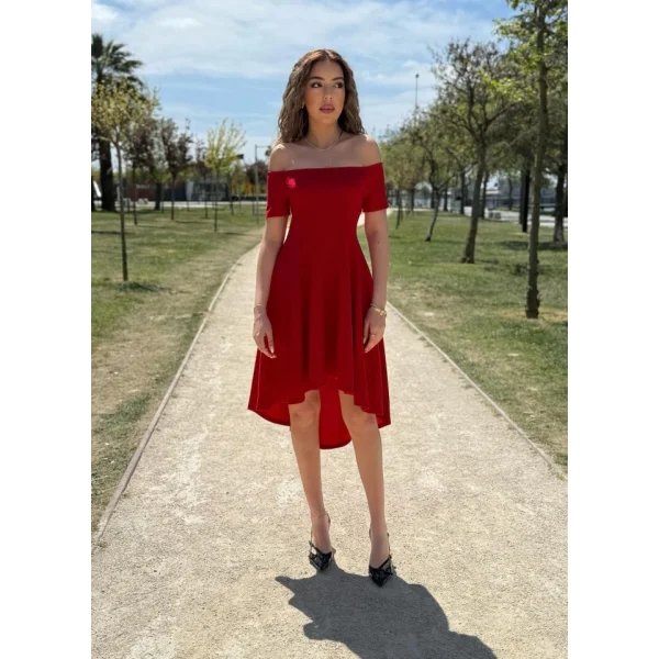 Kadın Kısa Kollu Madonna Yaka önü Kısa Arkası Uzun Ithal Krep Elbise