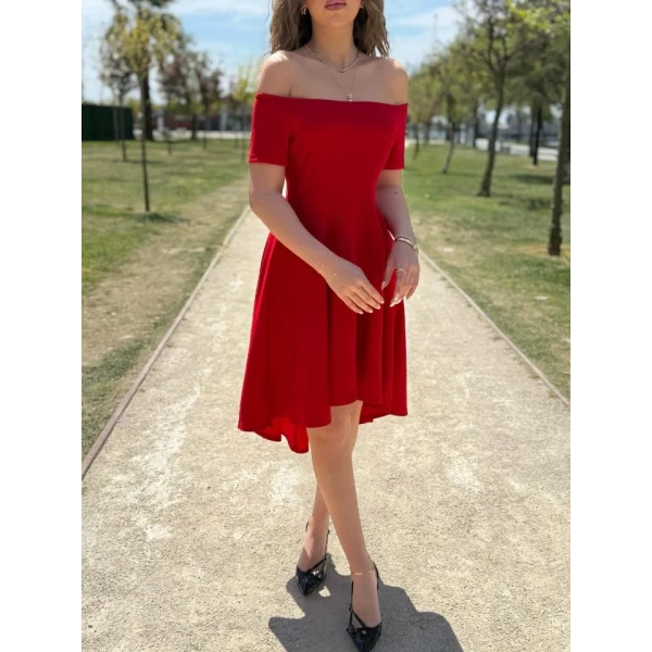 Kadın Kısa Kollu Madonna Yaka önü Kısa Arkası Uzun Ithal Krep Elbise
