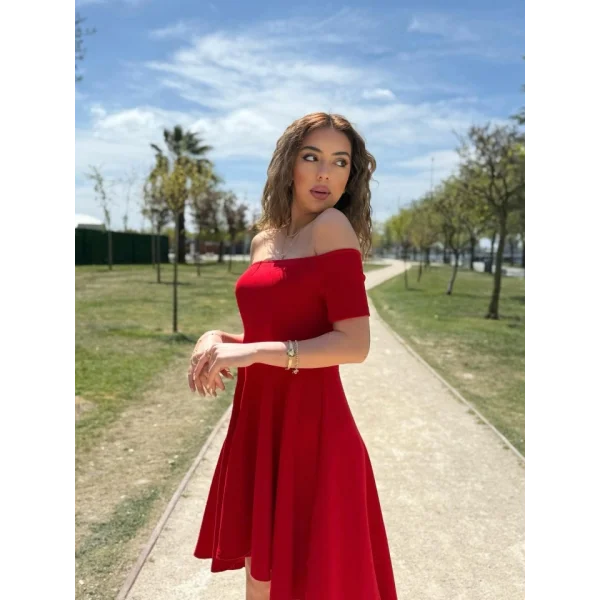 Kadın Kısa Kollu Madonna Yaka önü Kısa Arkası Uzun Ithal Krep Elbise