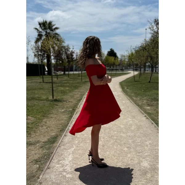 Kadın Kısa Kollu Madonna Yaka önü Kısa Arkası Uzun Ithal Krep Elbise