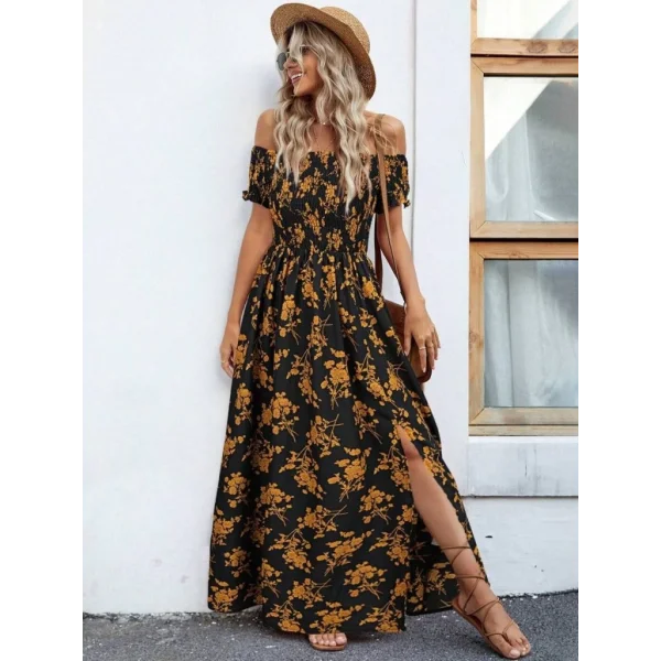 Kadın Kısa Kollu Madonna Yaka Yırtmaçlı çiçek Desenli Süprem Elbise