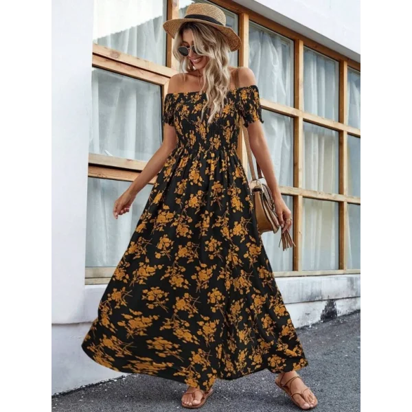 Kadın Kısa Kollu Madonna Yaka Yırtmaçlı çiçek Desenli Süprem Elbise