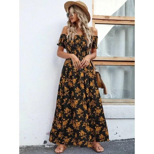 Kadın Kısa Kollu Madonna Yaka Yırtmaçlı çiçek Desenli Süprem Elbise