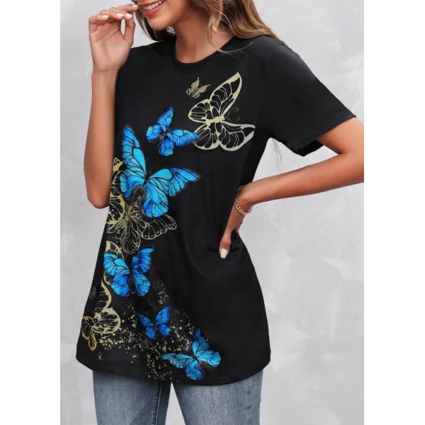 Kadın Kısa Kollu Mavi Sarı Kelebek Baskı Süprem Bluz