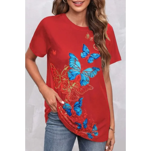 Kadın Kısa Kollu Mavi Sarı Kelebek Baskı Süprem T-shirt