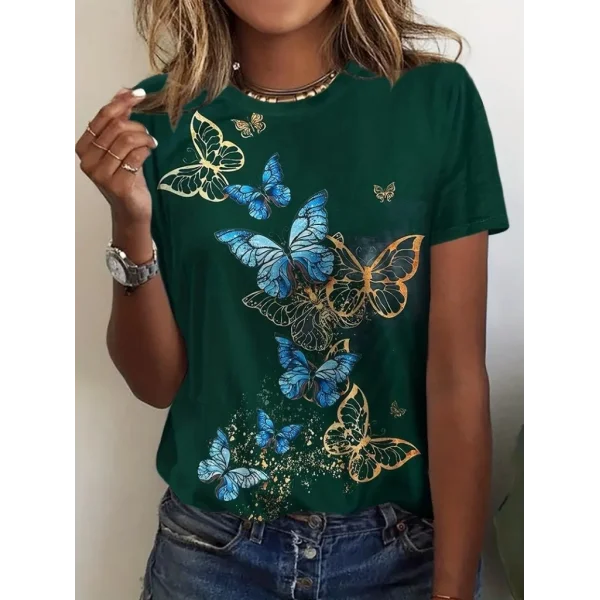 Kadın Kısa Kollu Mavi Sarı Kelebek Baskı Süprem T-shirt