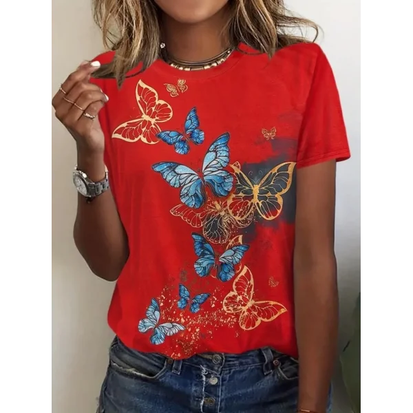 Kadın Kısa Kollu Mavi Sarı Kelebek Baskı Süprem T-shirt