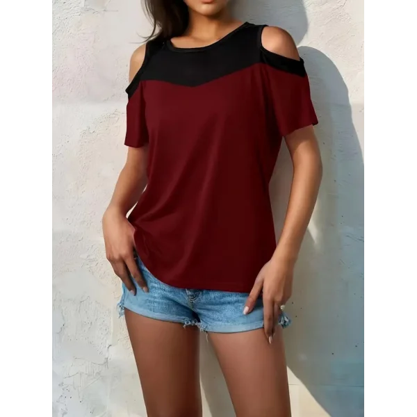 Kadın Kısa Kollu Omuzlardan Açık Detaylı çift Renkli Viskon Bluz