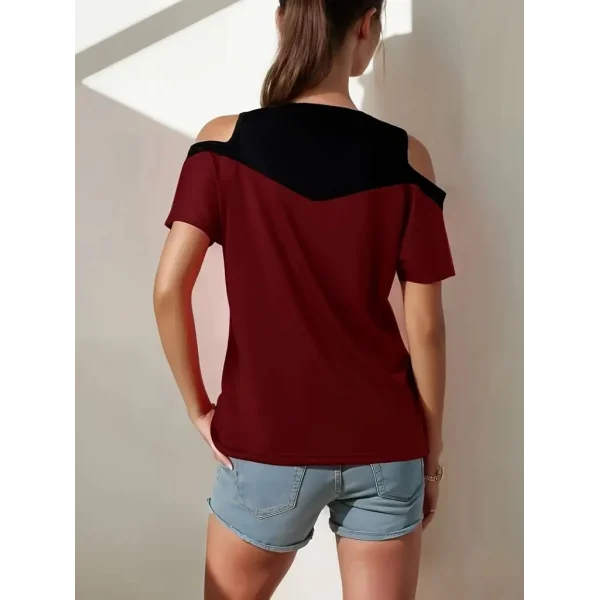 Kadın Kısa Kollu Omuzlardan Açık Detaylı çift Renkli Viskon Bluz