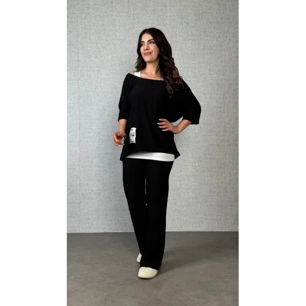 Kadın Kısa Kollu Omuzlardan Açık Yarasa Kollu Bürümcük Bluz Ve Pantolon Ve Viskon Atlet