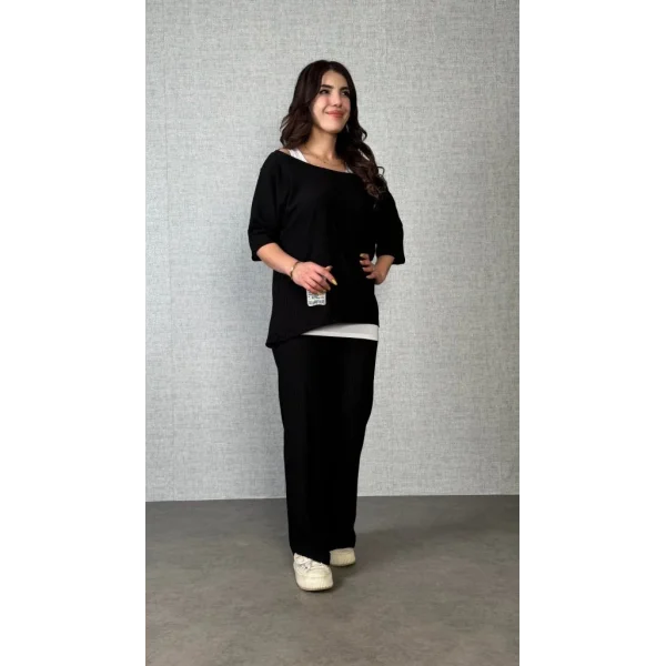 Kadın Kısa Kollu Omuzlardan Açık Yarasa Kollu Bürümcük Bluz Ve Pantolon Ve Viskon Atlet