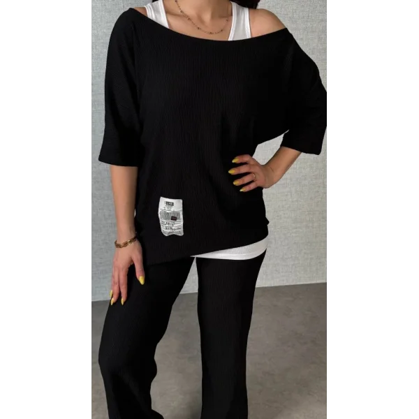 Kadın Kısa Kollu Omuzlardan Açık Yarasa Kollu Bürümcük Bluz Ve Pantolon Ve Viskon Atlet