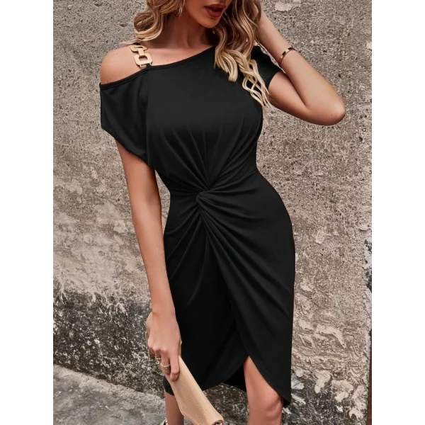 Kadın Kısa Kollu Omuzlardan Askılı önde Sarmal Detaylı Asimetrik Kesim Midi Viskon Elbise