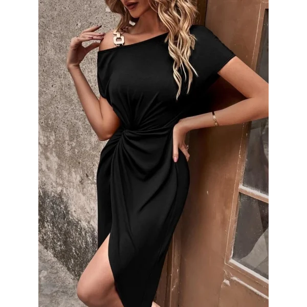 Kadın Kısa Kollu Omuzlardan Askılı önde Sarmal Detaylı Asimetrik Kesim Midi Viskon Elbise