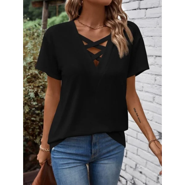 Kadın Kısa Kollu önden çapraz Detay V Yakalı Viskon Bluz