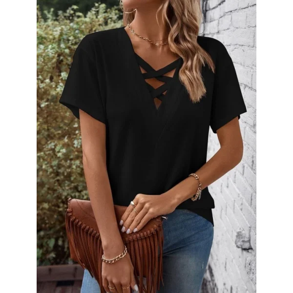 Kadın Kısa Kollu önden çapraz Detay V Yakalı Viskon Bluz