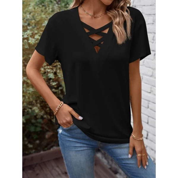 Kadın Kısa Kollu önden çapraz Detay V Yakalı Viskon Bluz