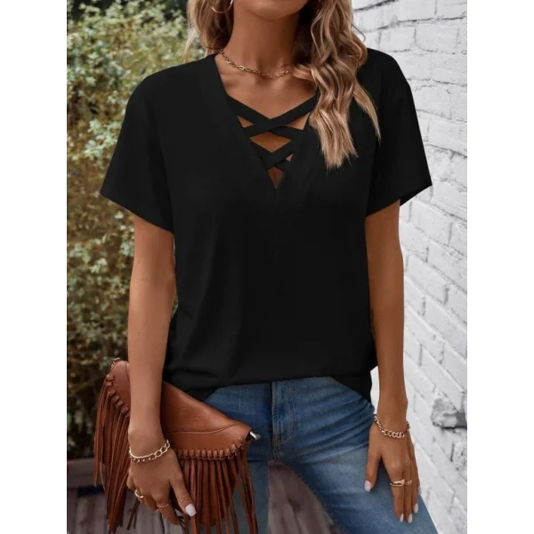 Kadın Kısa Kollu önden çapraz Detay V Yakalı Viskon Bluz