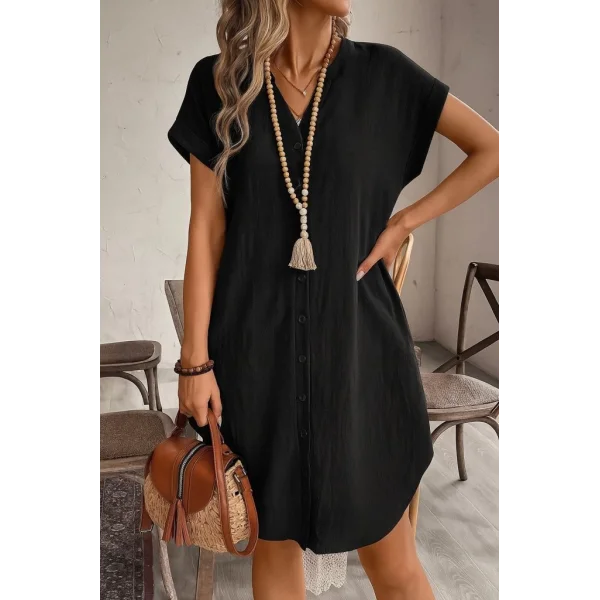 Kadın Kısa Kollu önden Düğmeli Ithal Keten Elbise