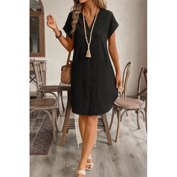 Kadın Kısa Kollu önden Düğmeli Ithal Keten Elbise