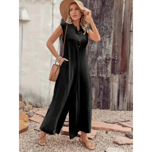 Kadın Kısa Kollu önden Düğmeli Paçaya Doğru Geniş Cepli Uzun Bürümcük Tulum