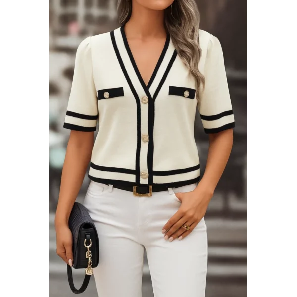 Kadın Kısa Kollu önden Düğmeli Triko Bluz