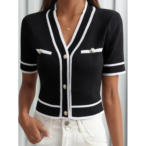 Kadın Kısa Kollu önden Düğmeli Triko Bluz