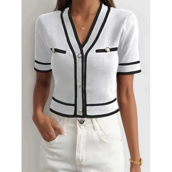 Kadın Kısa Kollu önden Düğmeli Triko Bluz
