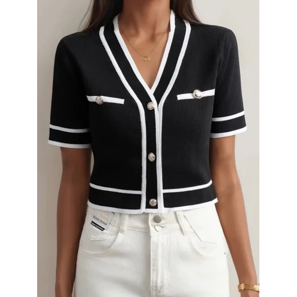 Kadın Kısa Kollu önden Düğmeli Triko Bluz