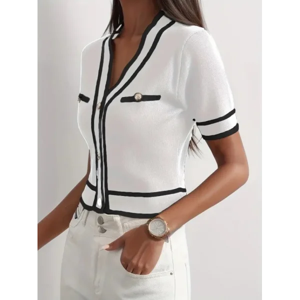 Kadın Kısa Kollu önden Düğmeli Triko Bluz