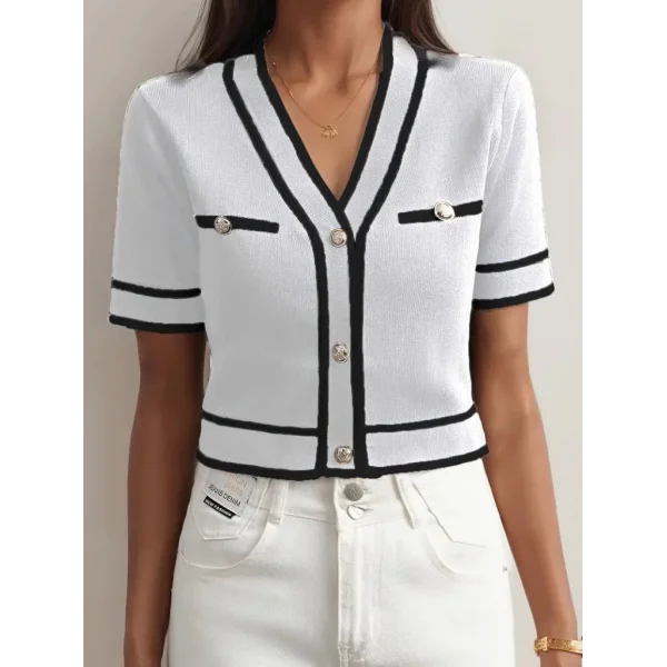 Kadın Kısa Kollu önden Düğmeli Triko Bluz