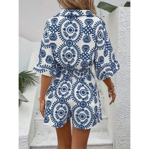Kadın Kısa Kollu önü Düğmeli Etnik Desen Sofia Kumaş şort Tulum
