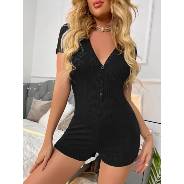 Kadın Kısa Kollu önü Düğmeli Mini Bodycon Fitilli Kaşkorse Tulum