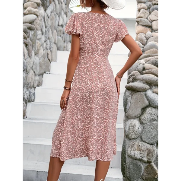 Kadın Kısa Kollu önü Düğmeli Volanlı Minik Leopar Desen Midi Viskon Elbise