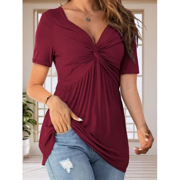 Kadın Kısa Kollu önü Düğüm Detay Viskon Bluz