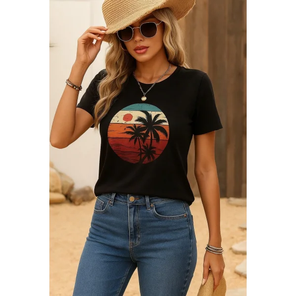 Kadın Kısa Kollu Palmiye Baskılı Viskon T-shirt